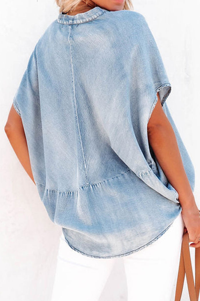 Hazel Blues® |  Notched Short Sleeve Denim Top