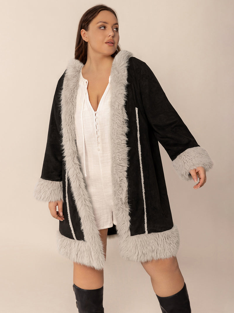 Hazel Blues® | Fuzzy Trim Open Front Long Sleeve Hooded Coat