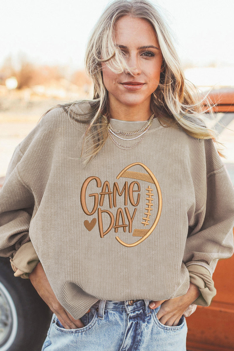 Hazel Blues® |  Smoke Gray Twisted Rib Texture game day Football Embroidered Baggy Sweatshirt