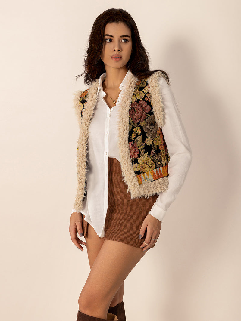 Hazel Blues® |  Embroidered Fuzzy Trim Open Front Vest Coat