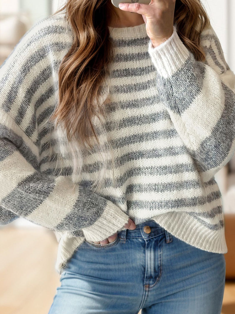 Hazel Blues® |  Striped Round Neck Dropped Shoulder Sweater