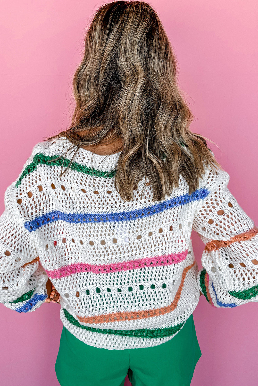 Hazel Blues® |  White Color Block Striped Pointelle Knit Sweater
