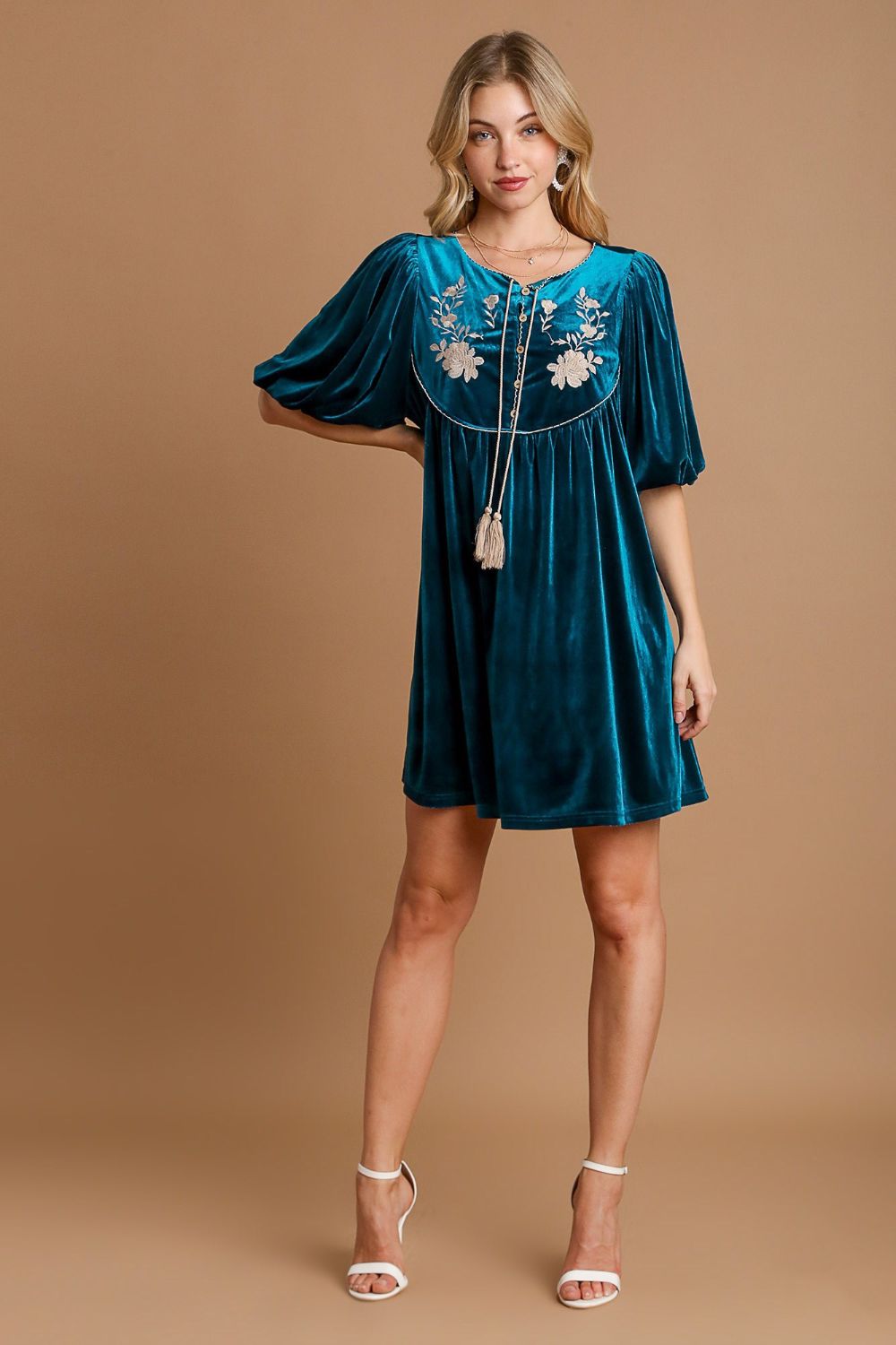 Hazel Blues® |  Umgee Embroidered Half Sleeve Velvet Mini Dress with Tassel