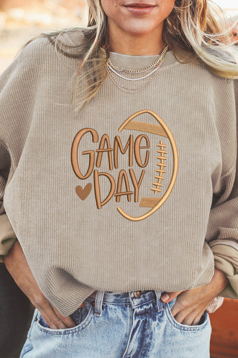 Hazel Blues® |  Smoke Gray Twisted Rib Texture game day Football Embroidered Baggy Sweatshirt