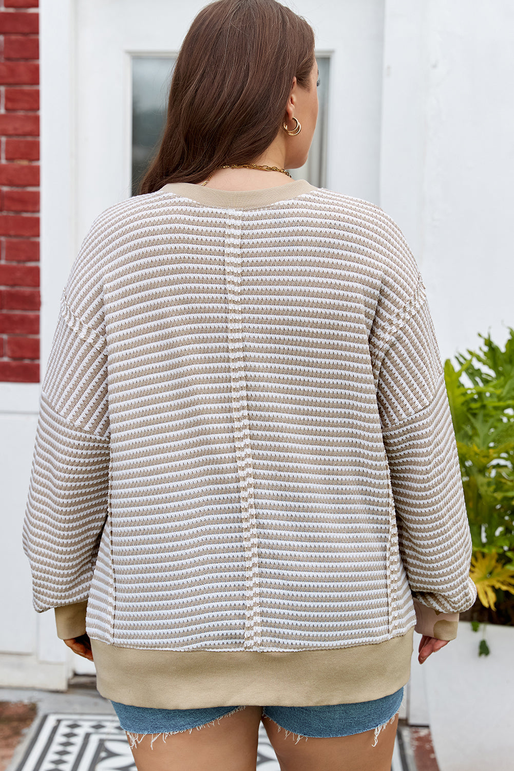 Brown Stripe Breathable Knit Ribbed Trim Long-Sleeve Top