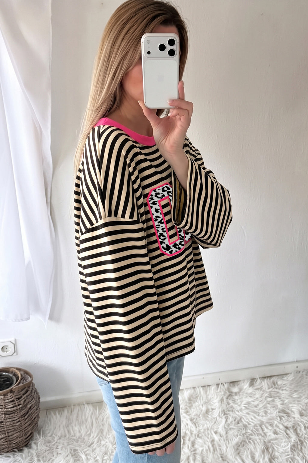 CIAO Leopard-Accent Striped Top