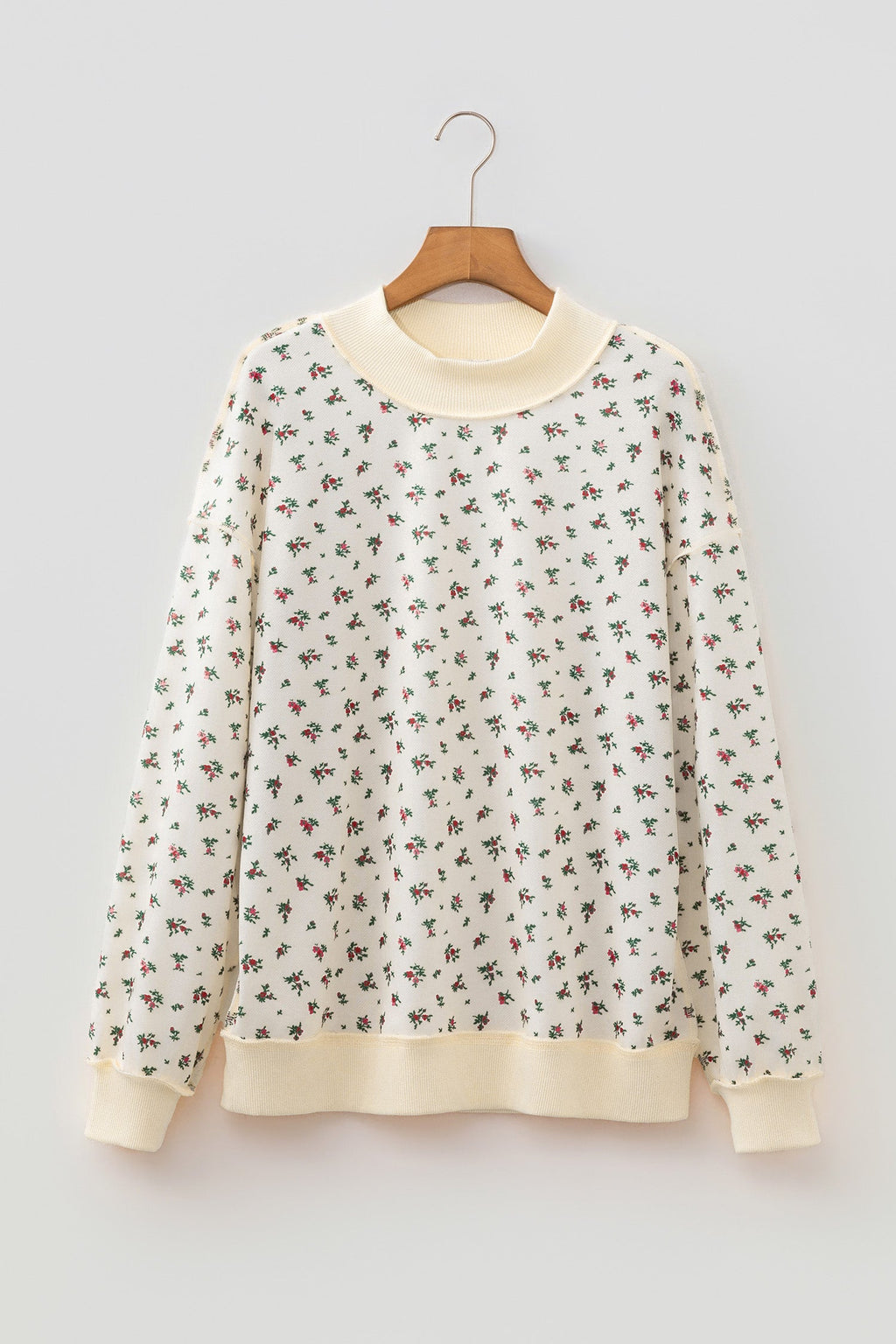 Ribbed High Neck Patchwork Floral Print Baggy Pullover Sweatshirt | Floral Ribbed Patchwork Hoodie