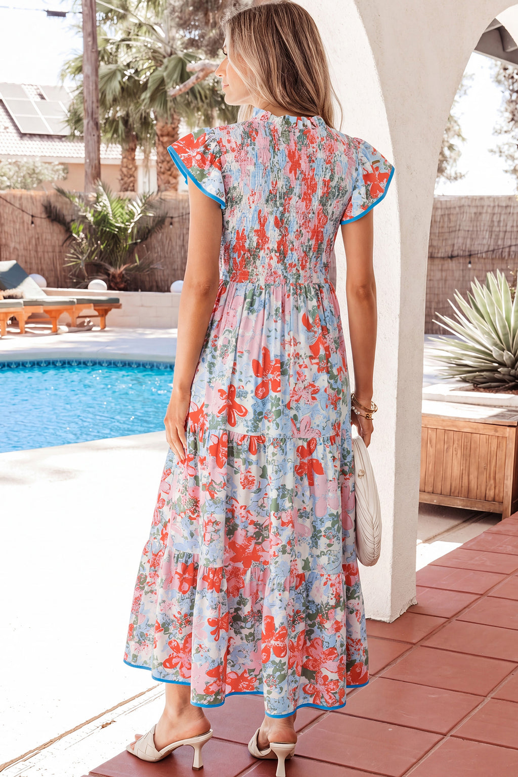 Apricot Floral-Print V-Neck Contrast Trim Flutter-Sleeve Long Dress