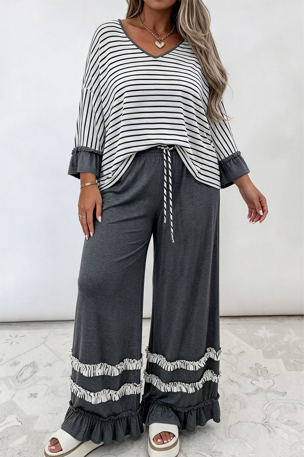 Gray Stripe Ruffled Bracelet Sleeve V-Neck Top