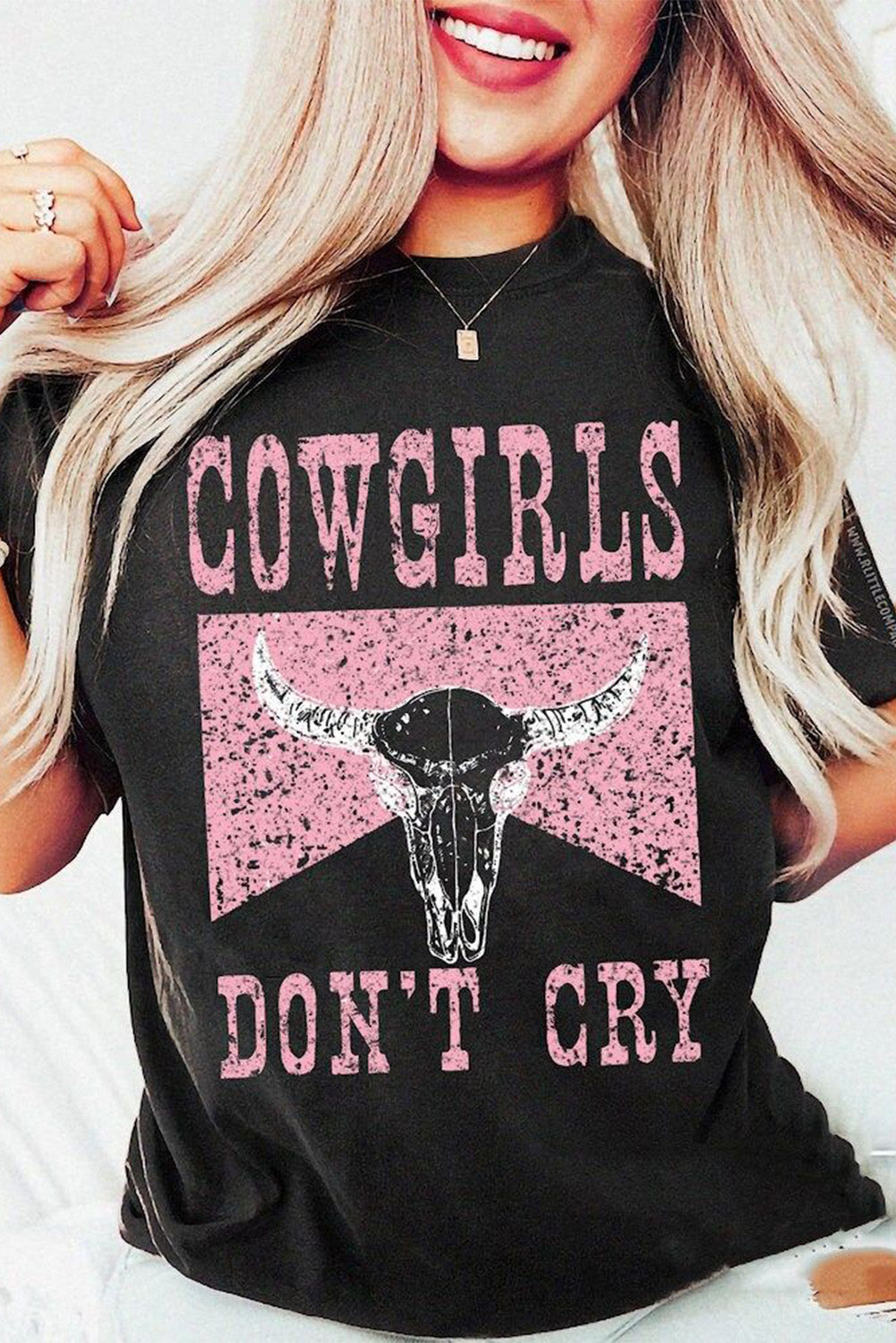 Hazel Blues® |  Black COWGIRL DONT CRY Steer Head Print Short Sleeve Top