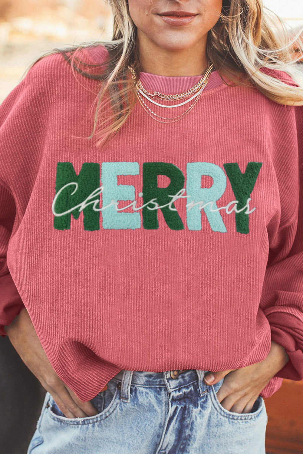 Hazel Blues® |  Strawberry Pink MERRY Christmas Chenille Embroidered Corded Sweatshirt