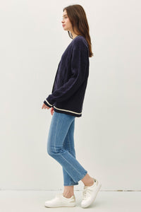 Hazel Blues® |  Be Cool Contrast Trim Cable-Knit V-Neck Cardigan