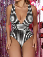 Hazel Blues® |  Striped Plunge Sleeveless One-Piece Swimwear