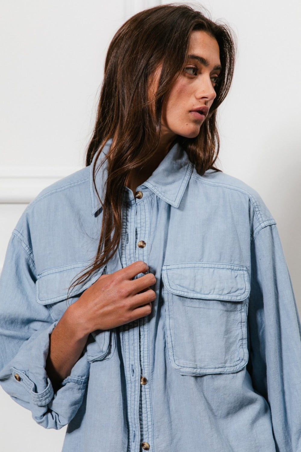 Hazel Blues® |  BiBi Button Down Stitch Detail Shirt with Chest Pockets