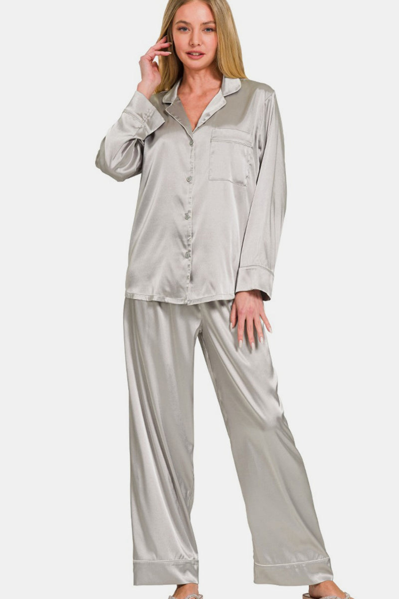 Hazel Blues® |  Zenana Satin Long Sleeve Shirt and Pants Pajama Set