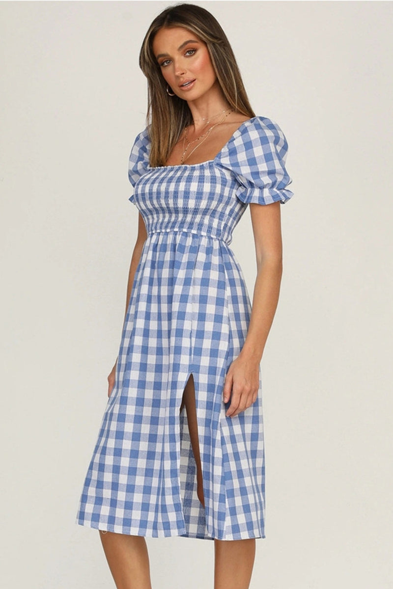 short sleeve midi dress with slits Contrast Trim Notched Slit Short Sleeve Midi Dress