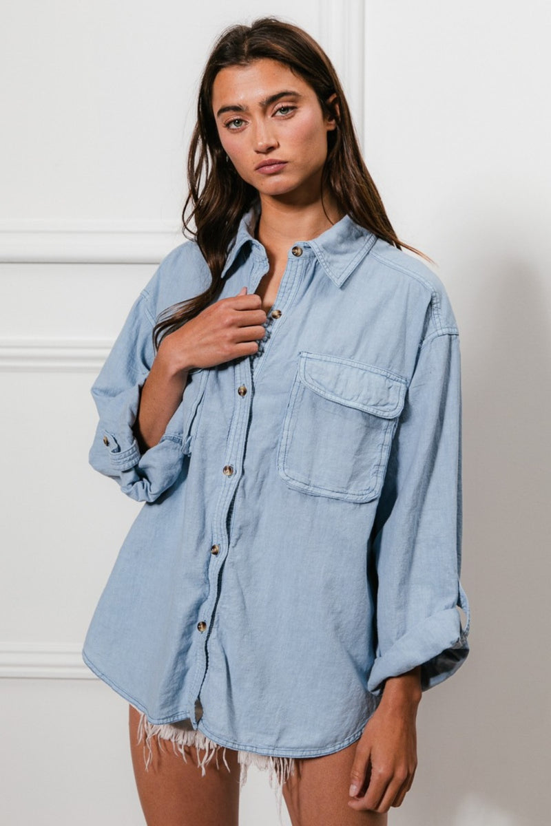 Hazel Blues® |  BiBi Button Down Stitch Detail Shirt with Chest Pockets