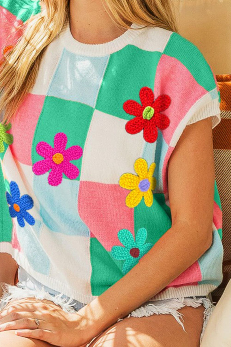 Hazel Blues® |  BiBi Flower Patch Checkered Sweater Vest