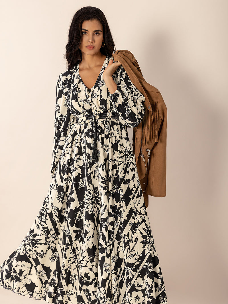 Hazel Blues® |  Tied Printed V-Neck Long Sleeve Midi Dress