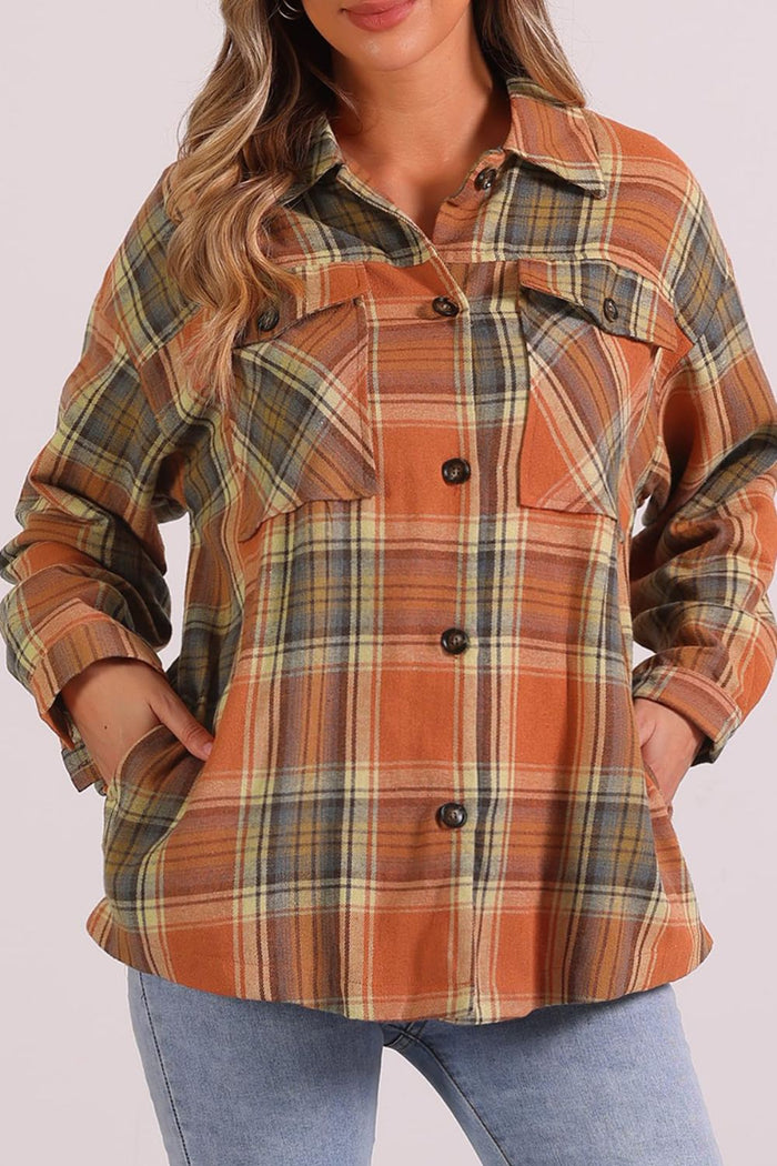 Hazel Blues® |  Plaid Collared Neck Long Sleeve Shirt with Chest Pockets