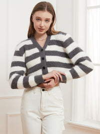 Hazel Blues® |  Button Down V-Neck Striped Cardigan