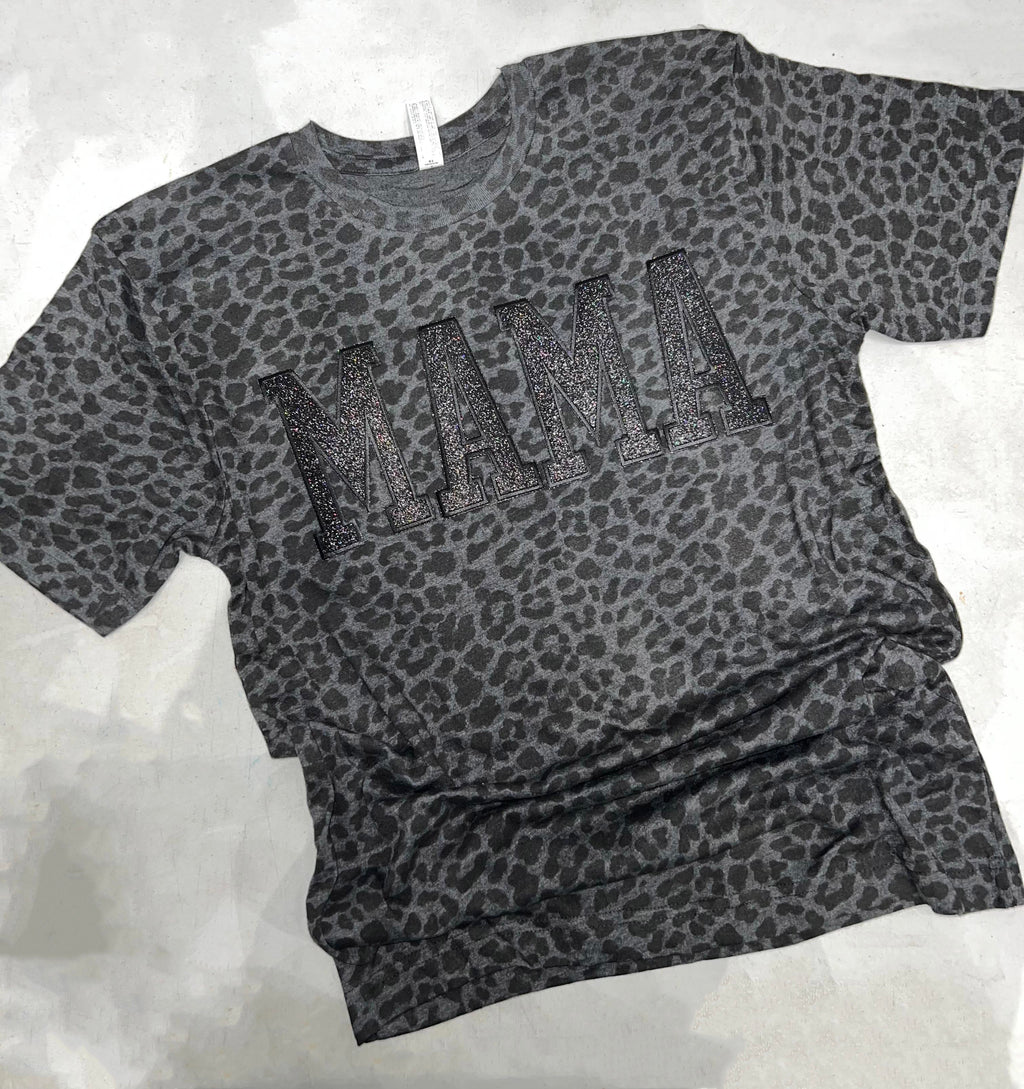 Hazel Blues® |  MAMA GLITTER EMBROIDERED PATCHES LEOPARD TEE