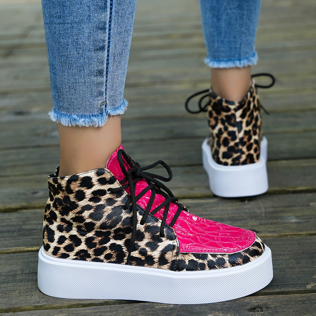 Hazel Blues® |  PU Leather Leopard Platform Sneakers