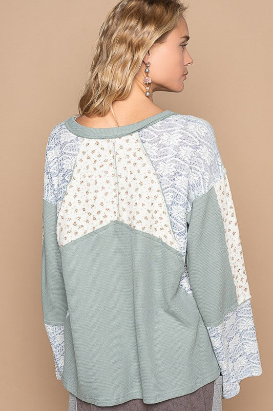 Hazel Blues® |  POL Lace Floral Round Neck Knit Top