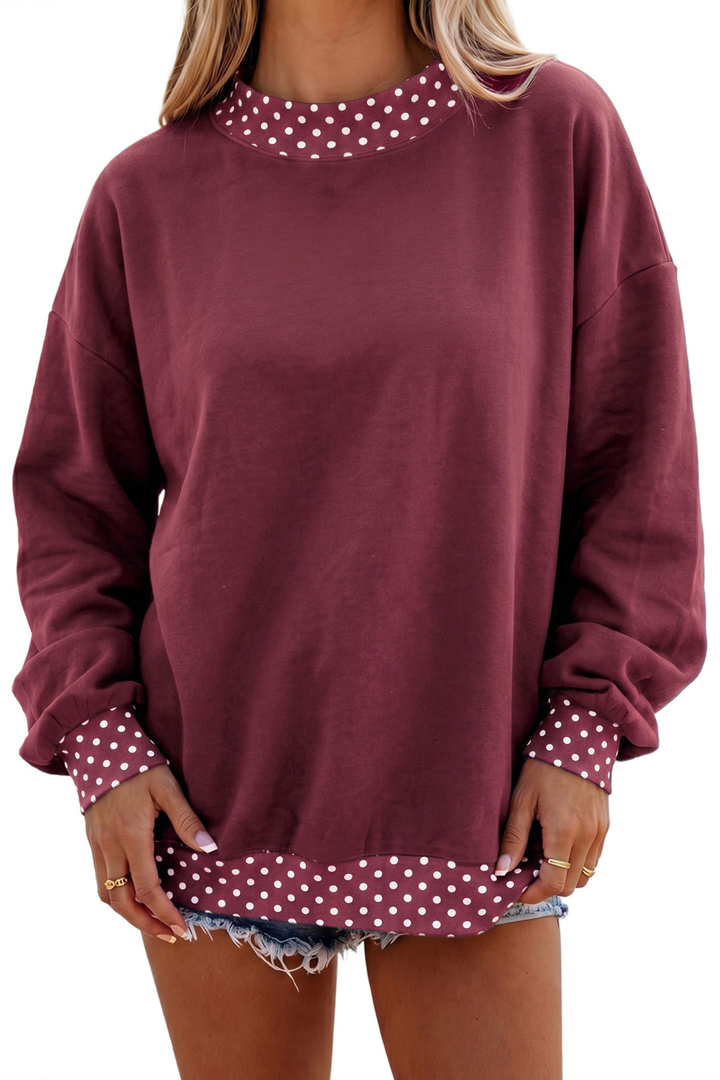 Burgundy Color-Block Polka-Dot Contrast Trim Oversized Sweatshirt
