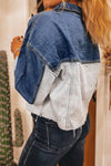 Hazel Blues® |  Dusk Blue Color Block Patchwork Flap Detail Distress Denim Jacket