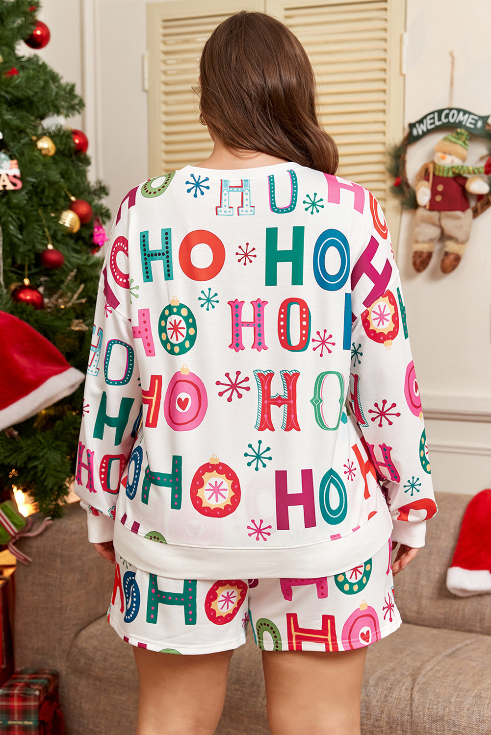 White Christmas Ho Ho Ho Print Long-Sleeve Top and Shorts 2pc Lounge Set