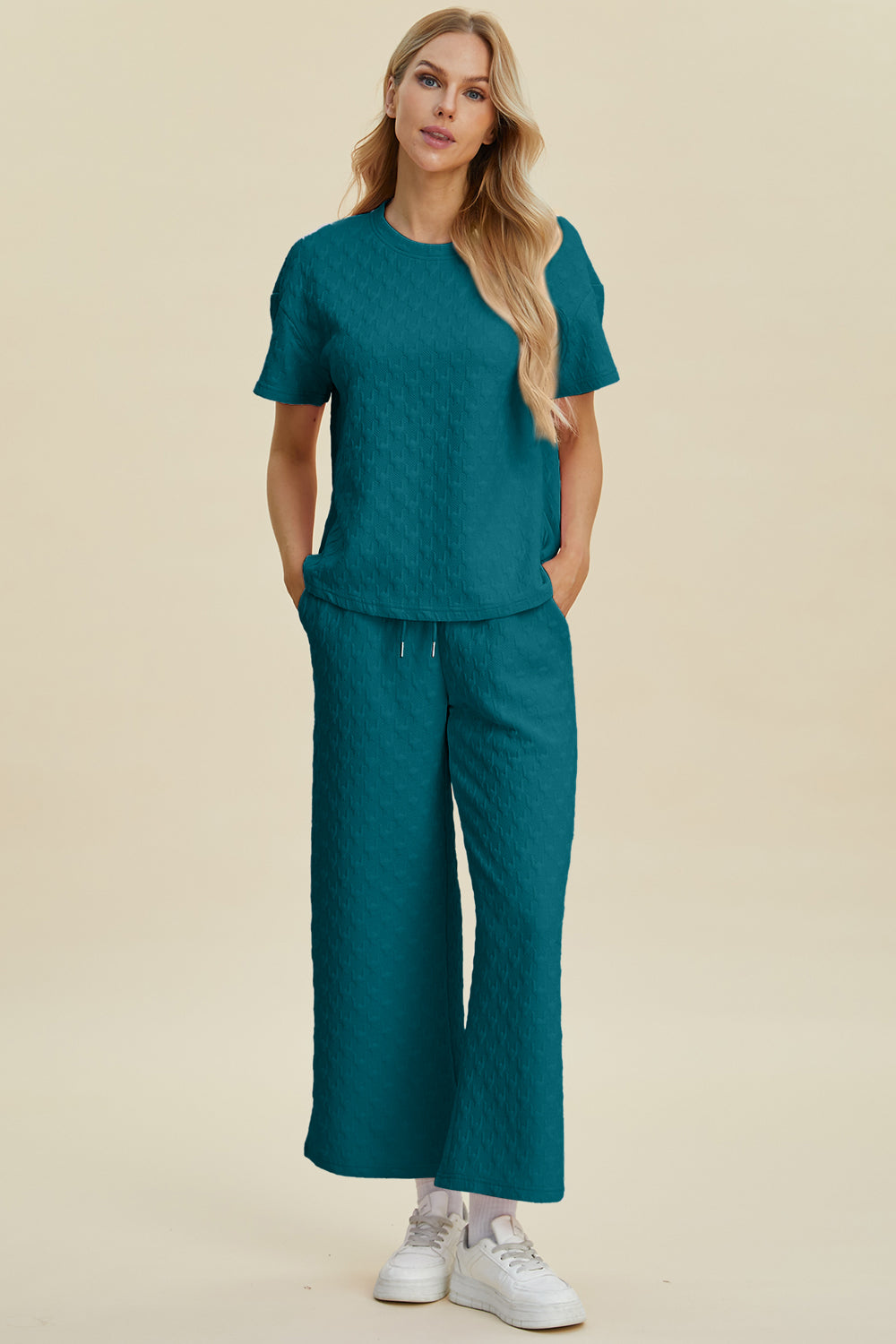 Hazel Blues® |  Double Take Texture Round Neck Short Sleeve Top and Pants Set