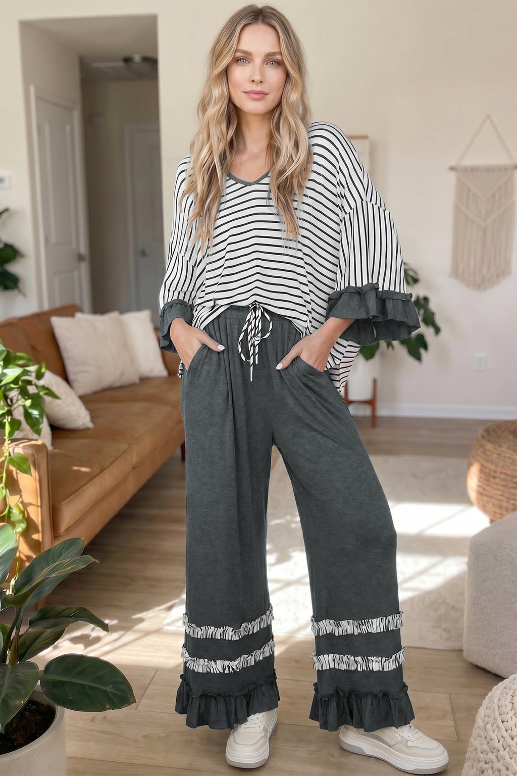 Gray Stripe V-Neck Ruffle Contrast Sleeve Top Drawstring Pants Two-Piece Set