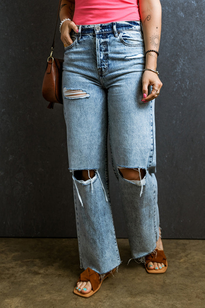 Hazel Blues® |  Distressed Raw Hem Straight Jeans