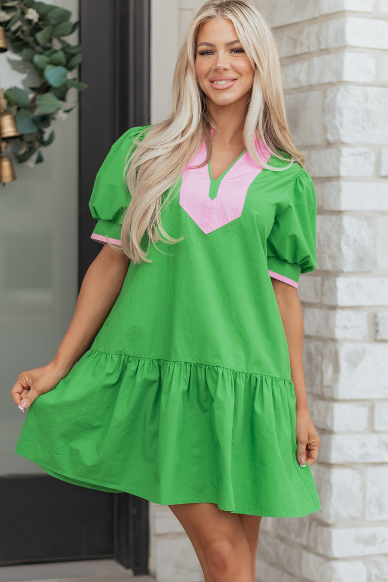 Bright Green Color-Block Detail Split-Neck Short Puff-Sl