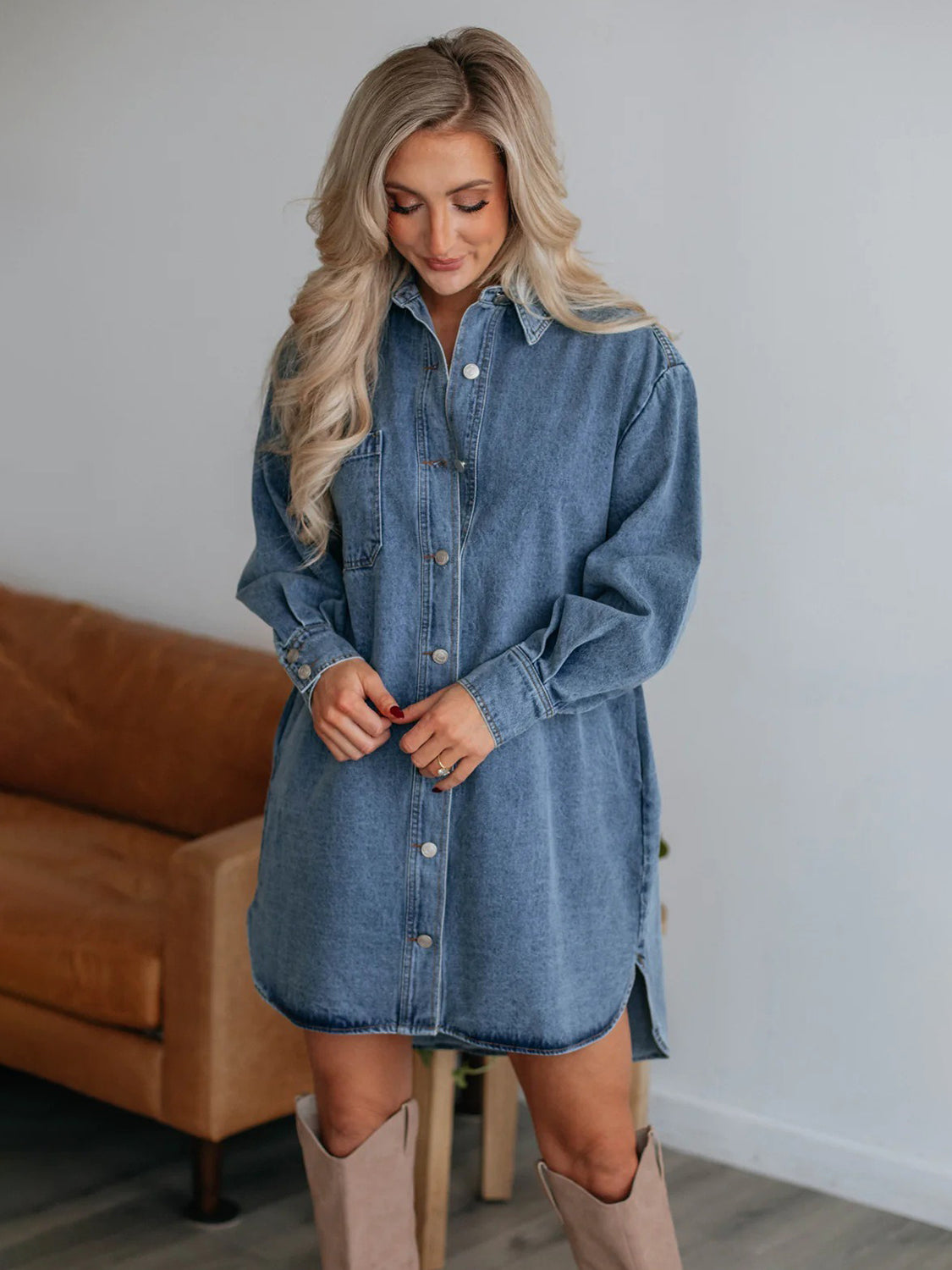 Hazel Blues® |  Button Up Collared Neck Long Sleeve Denim Dress