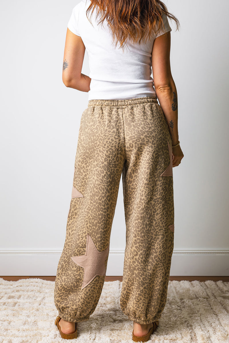 Gray Leopard Print Star Patched Drawstring Elastic Waist Jogger