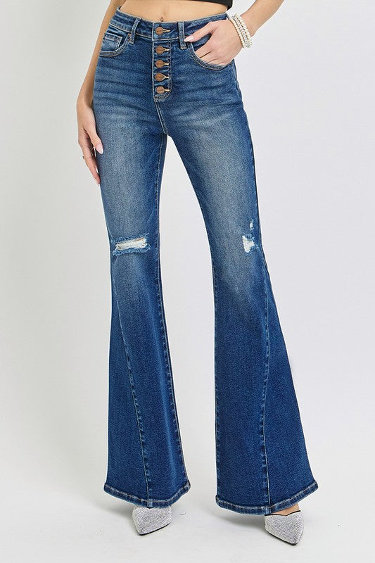 Hazel Blues® |  RISEN Distressed Button-Fly Flare Jeans