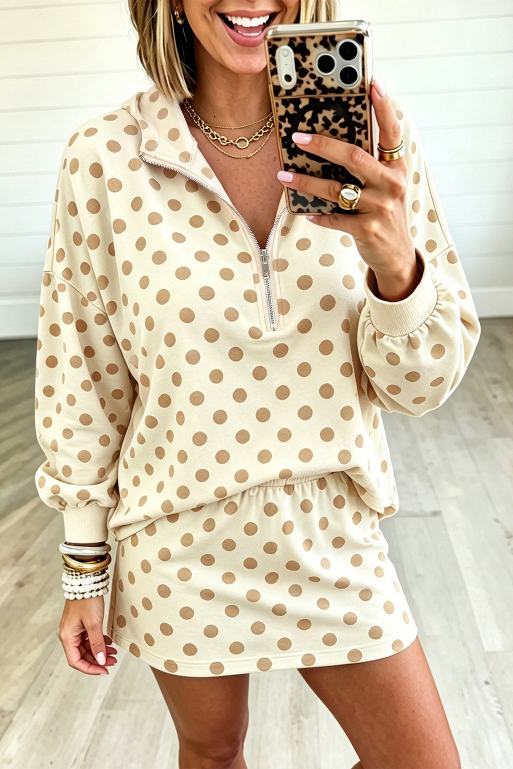 Khaki Polka-Dot Hooded Long-Sleeve Top Casual Mini Skort Set