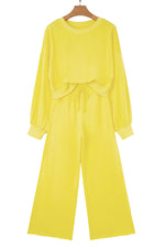 Hazel Blues® |  Yellow Cream Drop Shoulder Puff Sleeve Crop Pullover Drawstring Wide Leg Pants Set