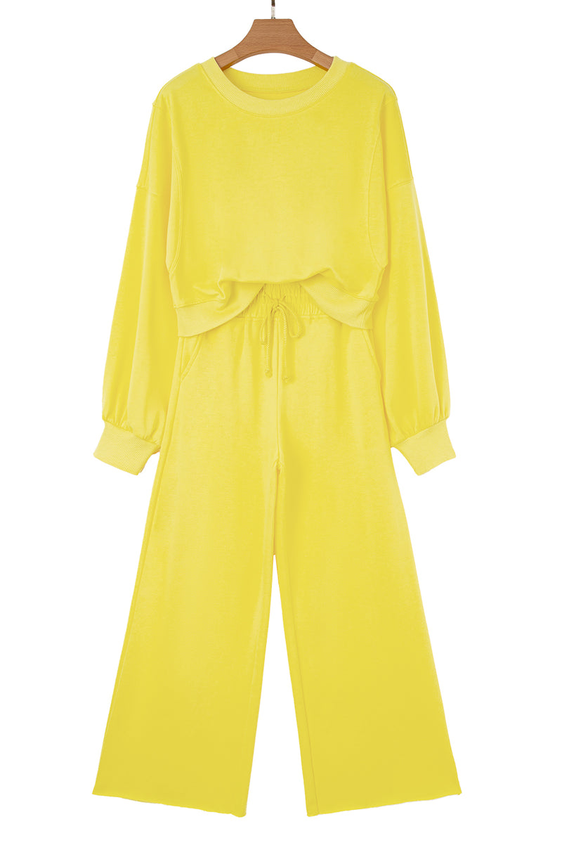 Hazel Blues® |  Yellow Cream Drop Shoulder Puff Sleeve Crop Pullover Drawstring Wide Leg Pants Set