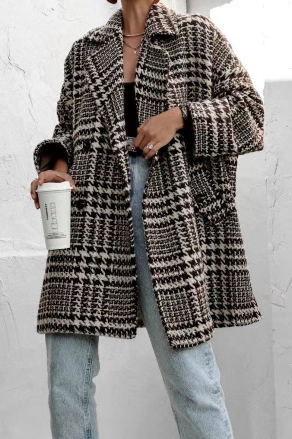 Hazel Blues® |  Houndstooth Collared Neck Long Sleeve Coat