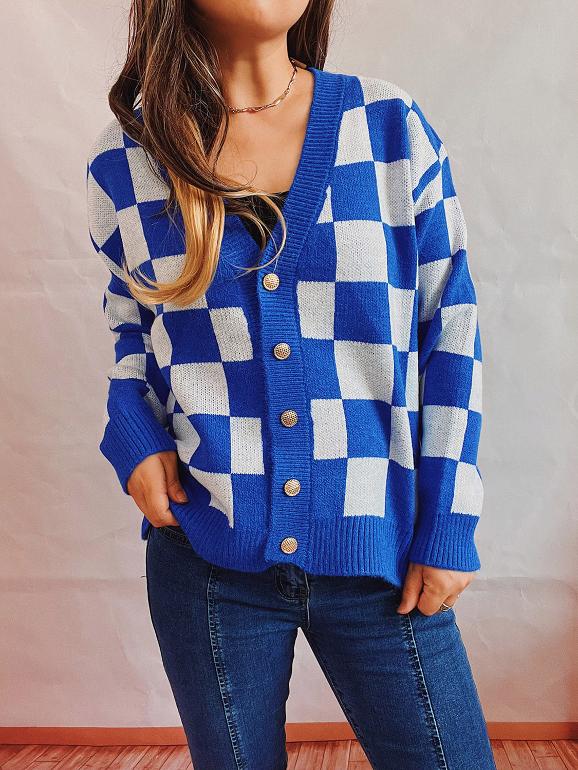 Hazel Blues® |  Checkered Open Front Button Up Cardigan