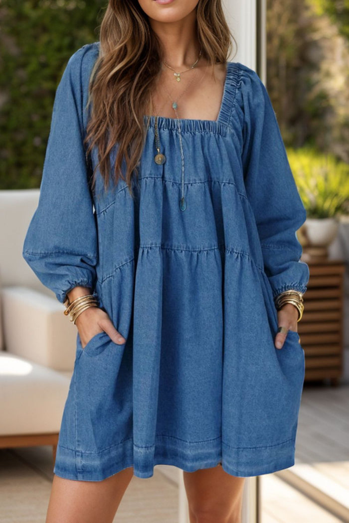 Hazel Blues® |  Tied Square Neck Long Sleeve Denim Dress with Pockets