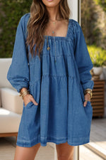 Hazel Blues® |  Tied Square Neck Long Sleeve Denim Dress with Pockets