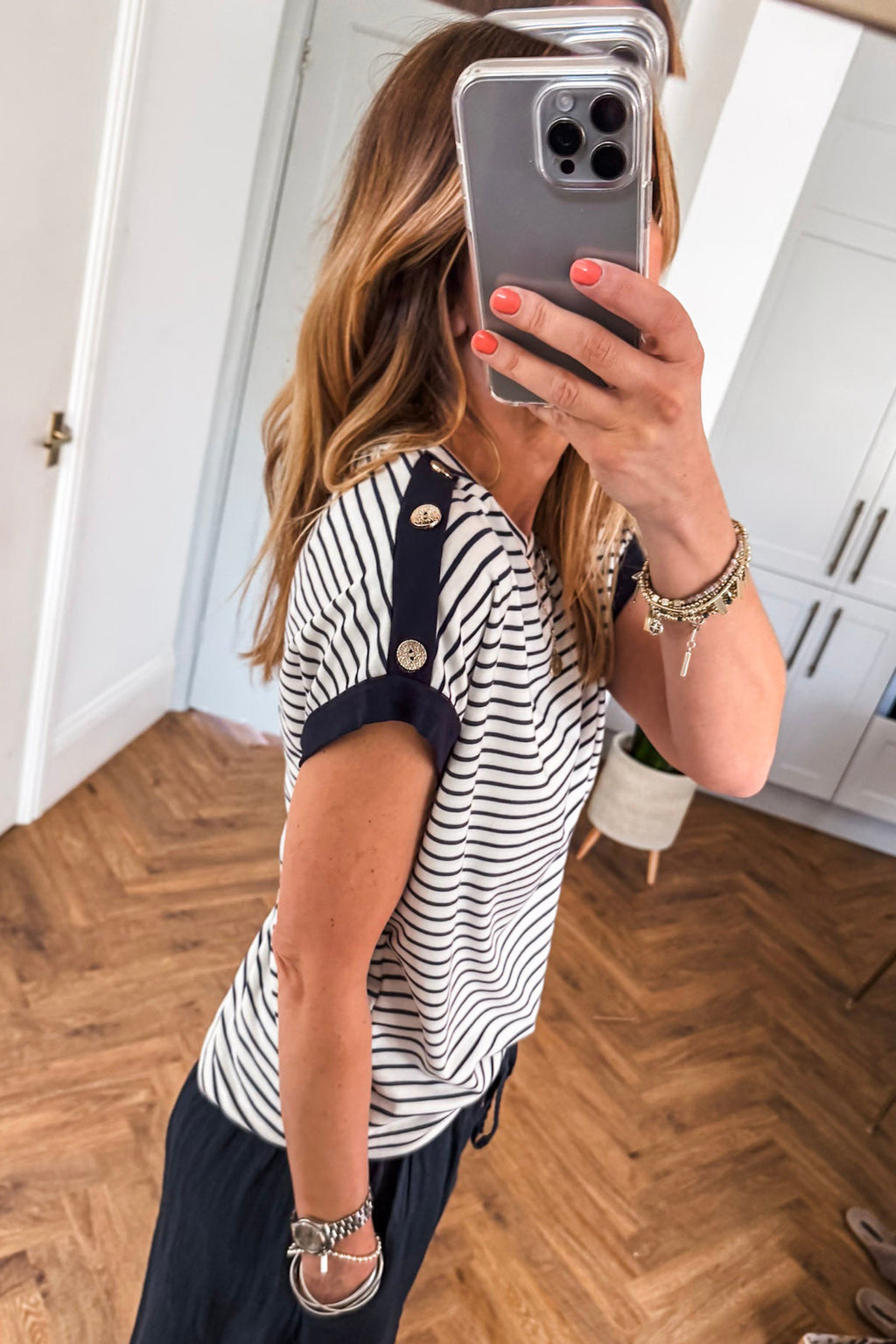 Black Striped Cuffed-Sleeve Button-Detail Tee
