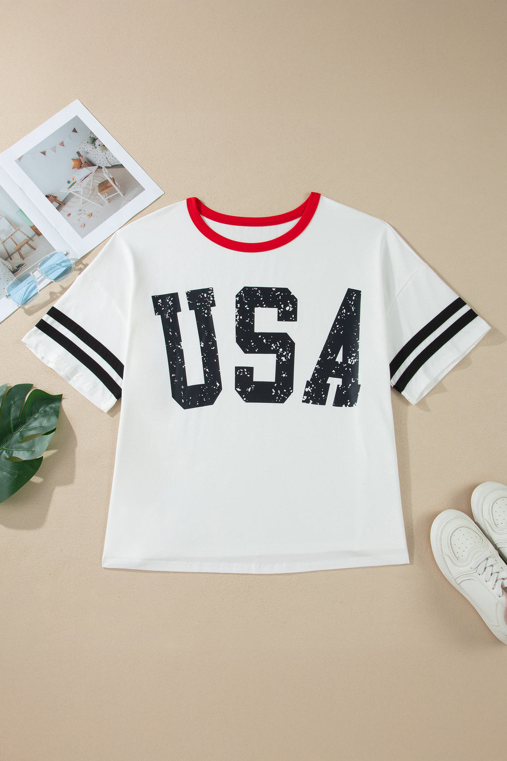 Retro USA Striped Trim Short Sleeve Tee | Striped Short Sleeve Tee