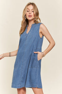 Hazel Blues® |  ADORA Notched Sleeveless Denim Dress with Pockets