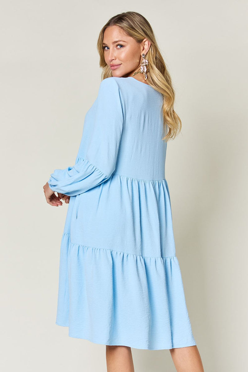 Hazel Blues® |  Double Take V-Neck Balloon Sleeve Tiered Dress with Pockets