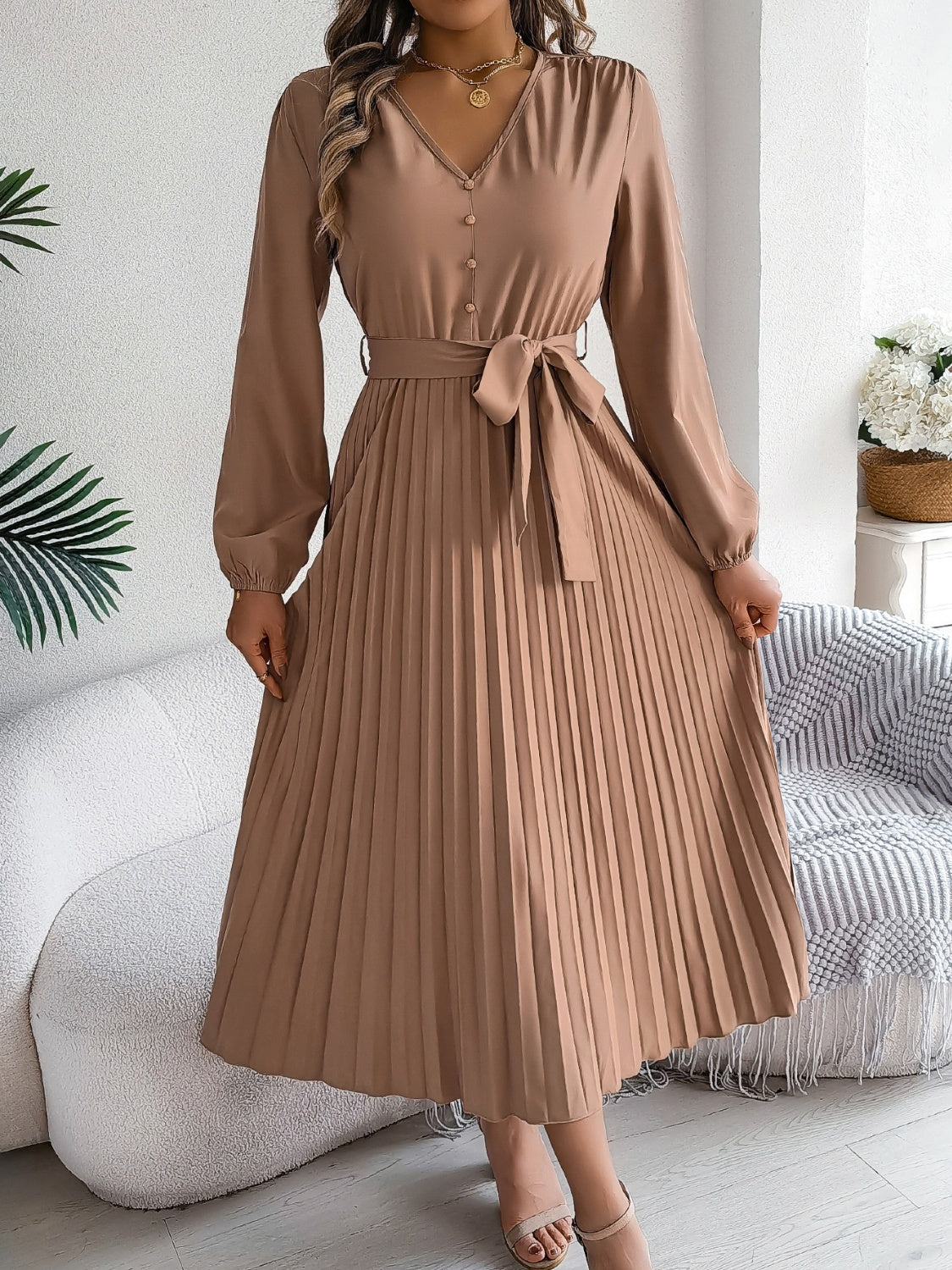 Hazel Blues® |  Pleated Tied V-Neck Long Sleeve Dress